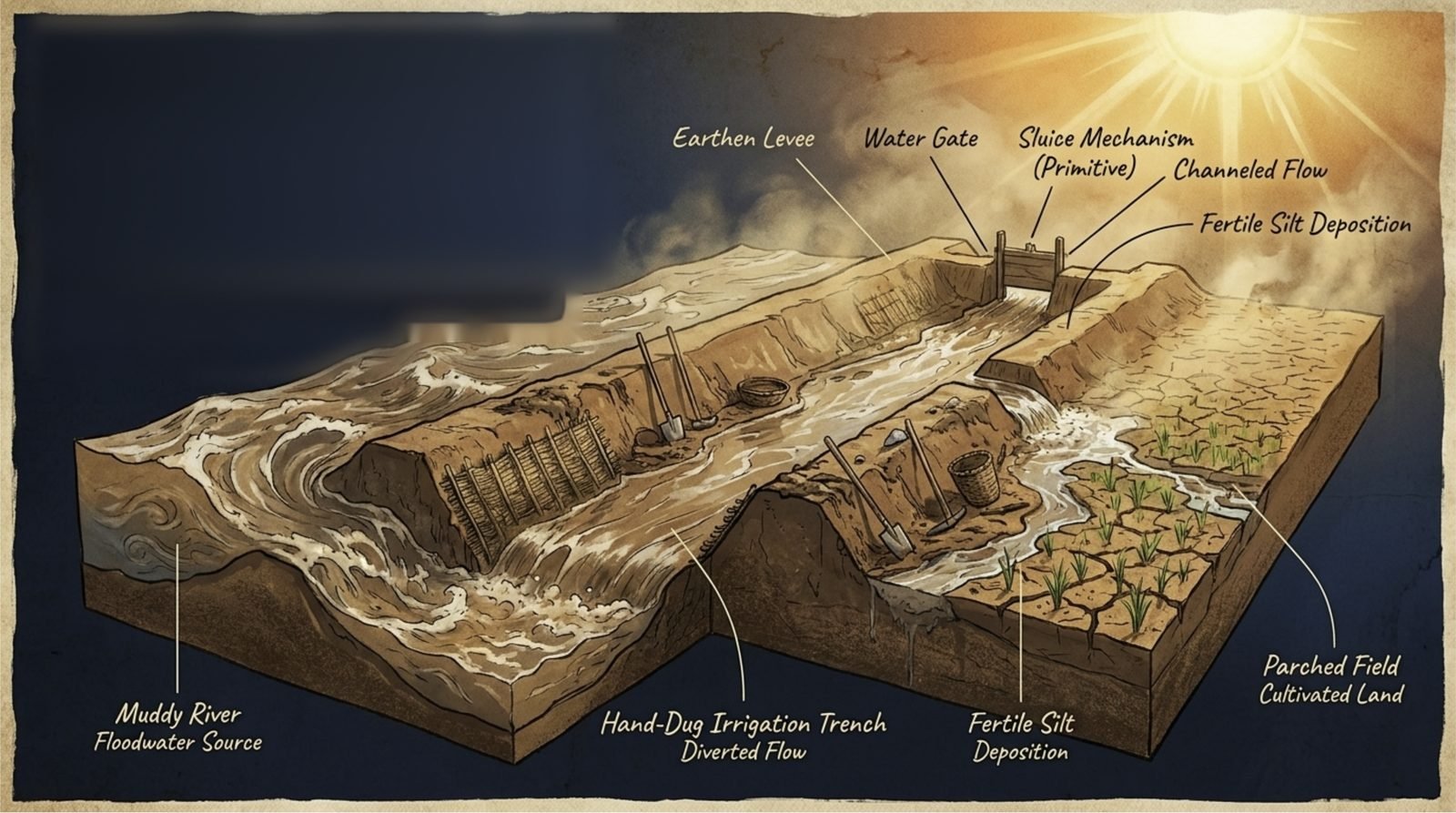 Taming the flood. In the lower Mesopotamian plain the Tigris and Euphrates flooded every spring. A cutaway of a hand-dug irrigation trench: an earthen levee holds the muddy river back, a simple sluice gate lets it through, and the channel carries water and fertile silt across a parched field until barley stands in it. Every foot of this was dug with wooden hoes and hauled out in baskets — and it only worked if every farmer along it cleared his own stretch each season. This is the choice the whole lesson turns on: run, or dig.