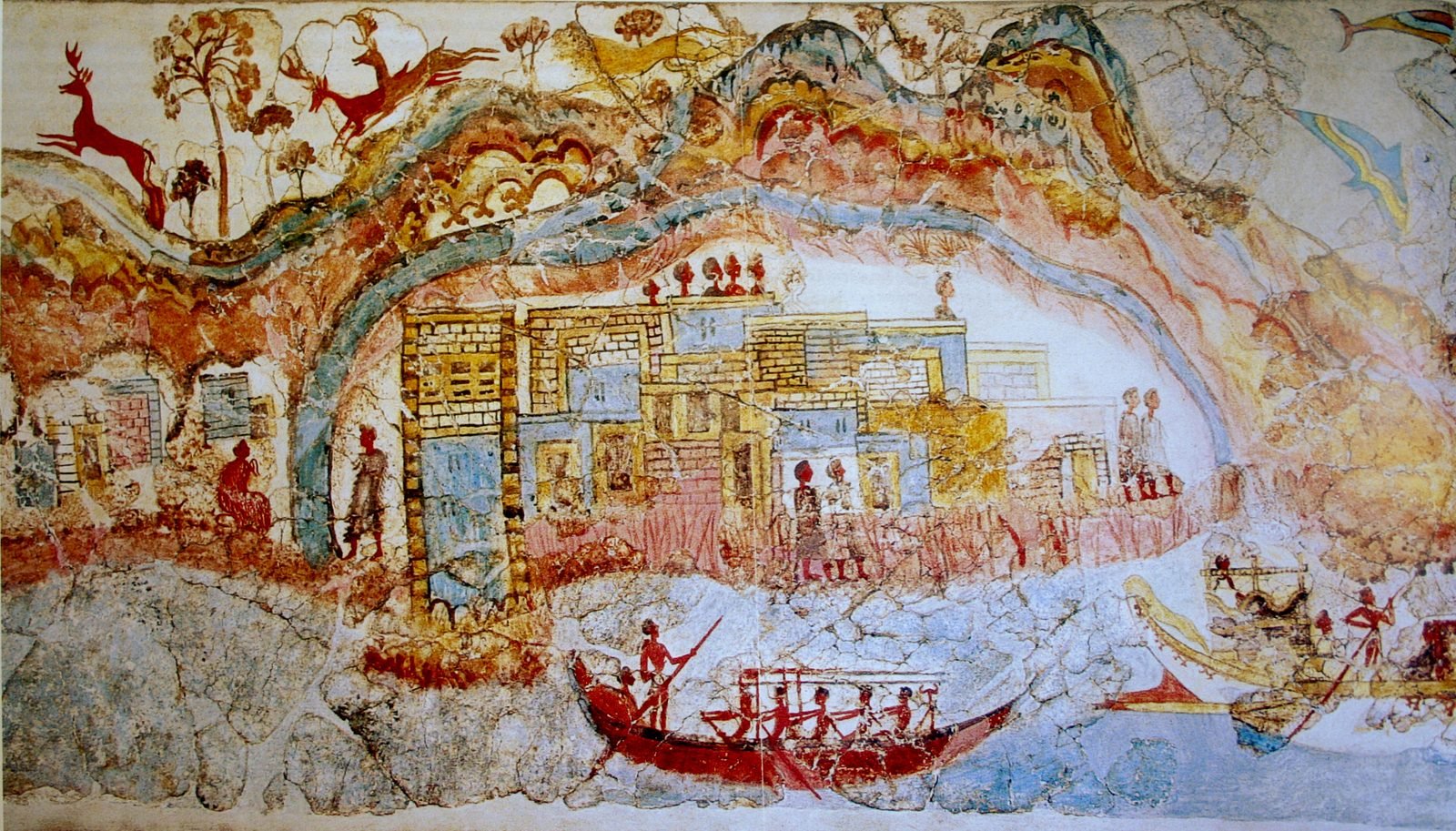 A wall painting from Akrotiri on the island of Thera, buried by a volcanic eruption about 1600 BC and dug out nearly intact. Rowed ships with high sterns leave one harbor town for another. This is what a Bronze Age trading ship looked like under way — the kind of vessel that sank at Uluburun three centuries later.