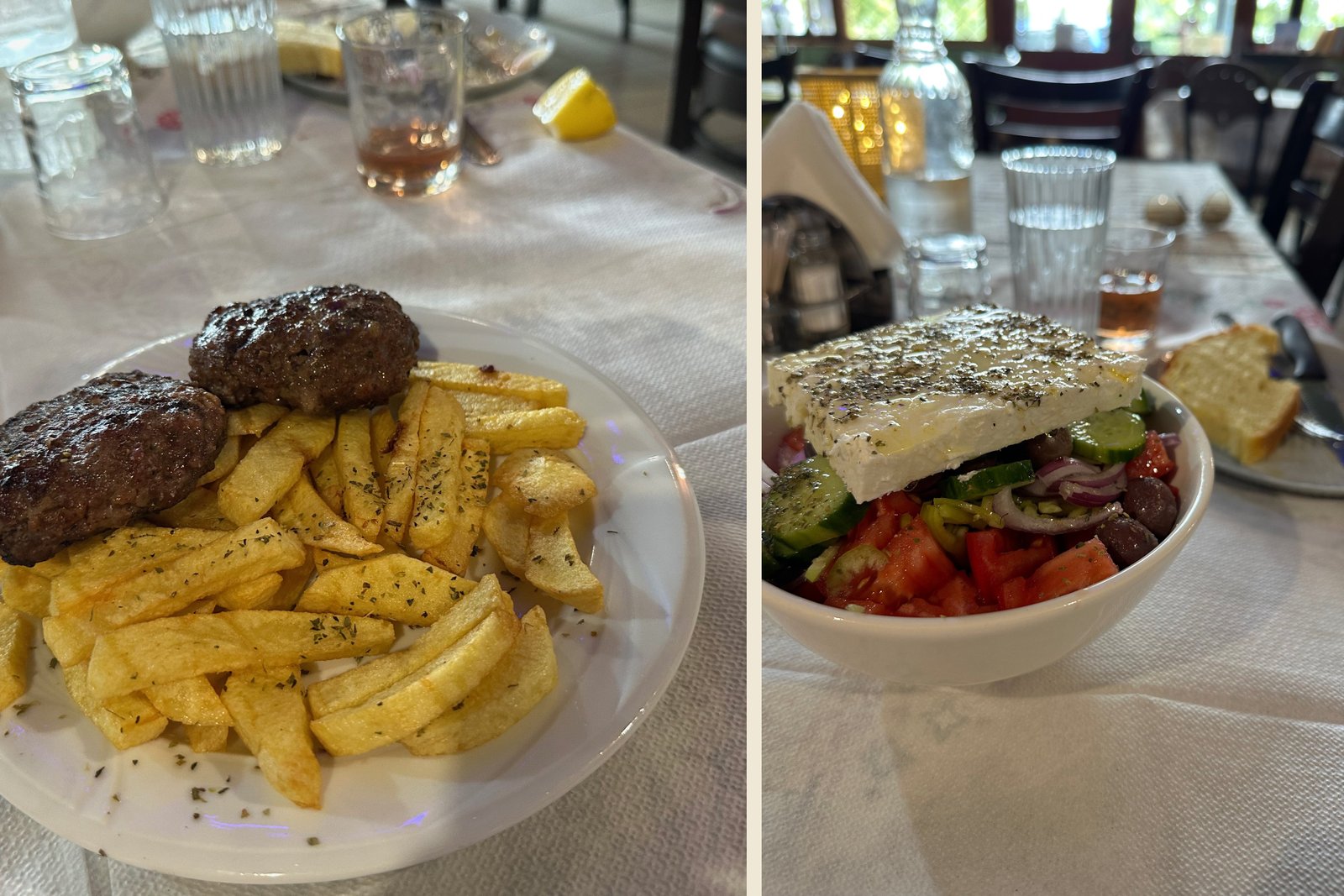 Two plates from a Greek taverna today: grilled lamb patties with potatoes, and a village salad of tomato, cucumber, onion, and olives under a slab of feta, olive oil, and oregano, with bread beside it. Thin soil and a hot sun could not grow much grain, but they grew olives, grapes, and herbs, and fed sheep and goats on the hillsides for milk, cheese, and meat. Ask the room which of these foods a Greek of 776 BC could not have eaten: the potatoes and the tomatoes came from the Americas more than two thousand years later. The rest is the ancient Greek table.